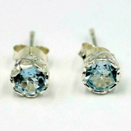 Genuine Sterling Silver 5mm Blue Topaz Bezel Stud Earrings