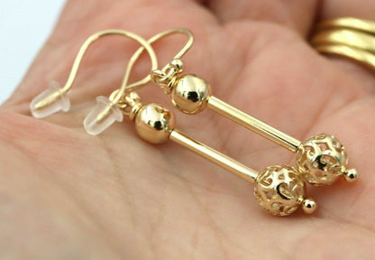 Genuine 9ct 9kt Yellow, Rose or White Gold Spinning 6mm Plain + 8mm 45mm drop Filigree Ball Drop Earrings