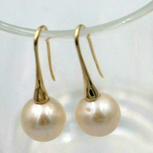 Genuine 9ct Yellow, Rose or White Gold Round White Freshwater Pearl Long Hook Earrings