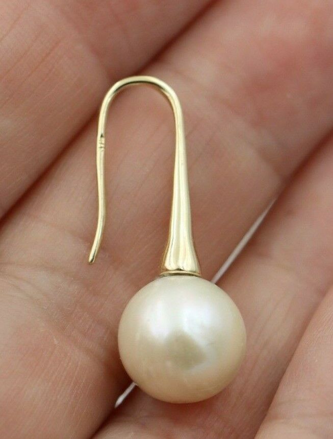 Genuine 9ct Yellow, Rose or White Gold Round White Freshwater Pearl Long Hook Earrings