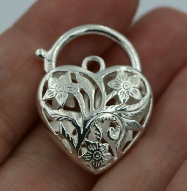 Sterling Silver 925 Filigree Heart Pendant Padlock 4 Sizes,14mm,15mm,18mm, 23mm