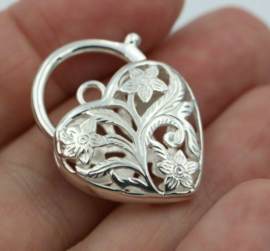 Sterling Silver 925 Filigree Heart Pendant Padlock 4 Sizes,14mm,15mm,18mm, 23mm