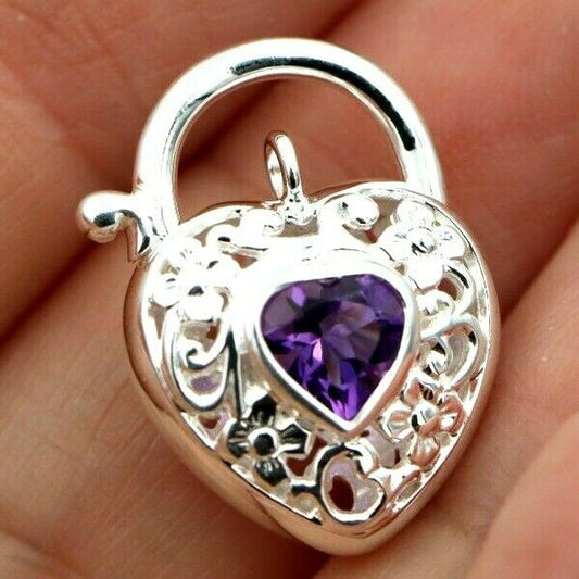 Sterling Silver Filigree Natural Amethyst Filigree Heart Padlock 15mm