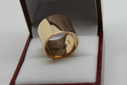 Genuine, Happy 50th Engraved, 9ct Yellow, Rose & White Gold Full Solid Extra Wide 15mm Band Ring