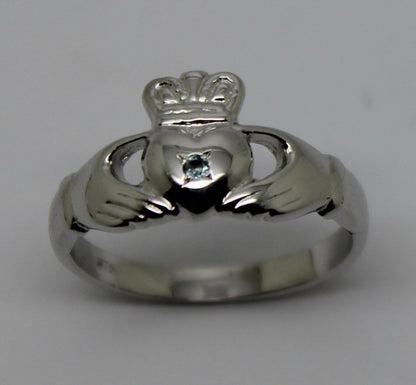 Genuine 9ct 9k 375 White Gold Blue Topaz (Birthstone Of November) Claddagh Ring