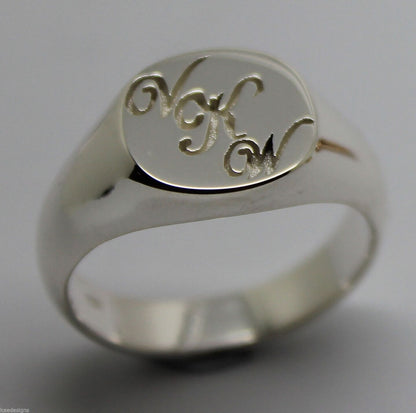 Genuine Solid New Sterling Silver Oval Signet Ring Engraved With Your Initials.