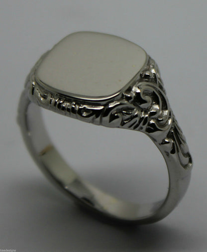 Size M Genuine Large Mens 9ct White Gold Square Engraved Signet Ring