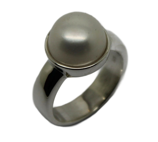 Size S Solid Sterling Silver & Freshwater Pearl Half Ball Ring