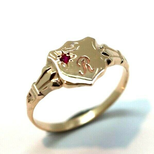 Genuine 9ct Small Yellow, Rose or White Gold Childs Ruby Shield Signet Ring + engraving of 1 initial