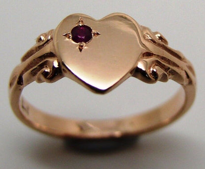 Genuine Solid 9ct Rose Gold Ruby Stone Heart Signet Ring -July Birthstone