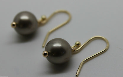 New 9ct Yellow Gold 10mm Platinum Pearl Ball Drop Earrings