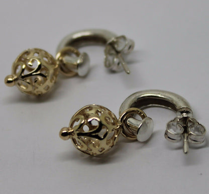 Genuine New 9ct 9k Yellow Gold & Sterling Silver Filigree Ball Stud Earrings