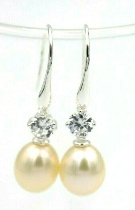 Sterling Silver 925 Oval Freshwater Cultured Pearl with 4-Claw 5mm Natural White CZ Hook Earrings