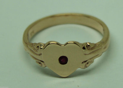 Size J, Genuine Solid 9ct 9Kt Yellow, Rose or White Gold Ruby Stone Heart Signet Ring -July Birthstone