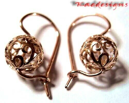 Genuine Solid 9ct Yellow, Rose or White Gold 10mm Euro Ball Drop Filigree Flower Earrings