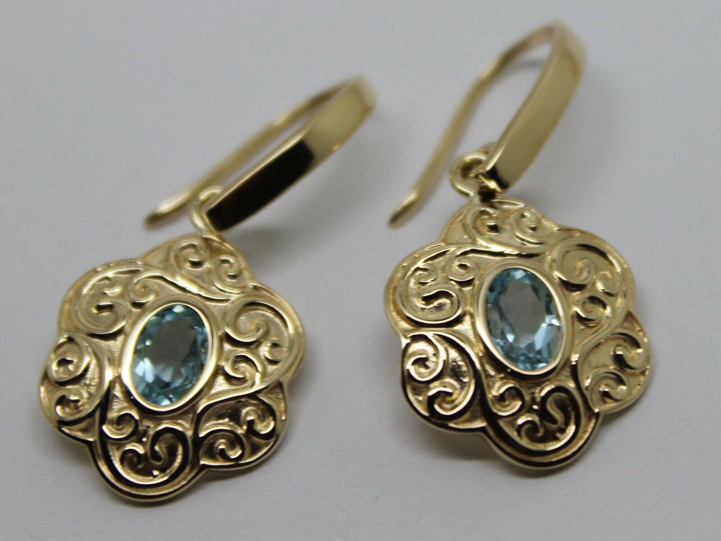 Genuine Heavy 9ct Solid Yellow, Rose or White Gold Antique Aquamarine Filigree Drop Earrings