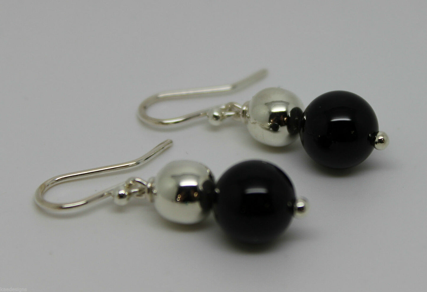 10mm Round Onyx + 9ct White Gold 8mm White Gold Ball Earrings