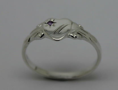 Sterling Silver Heart Amethyst Set Signet Ring Size N Engraved With 1 Initial