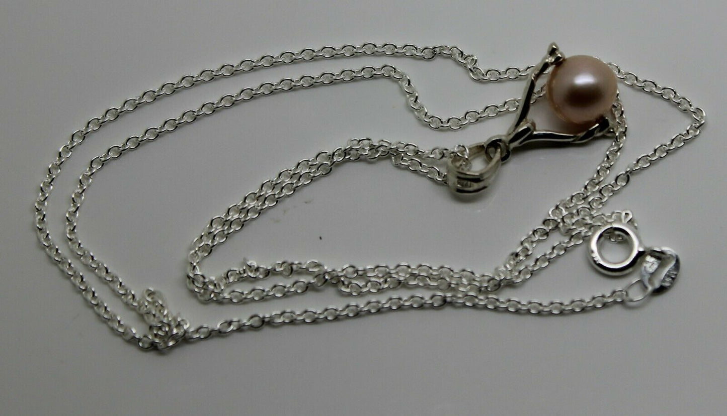 Sterling Silver 925 Chain Necklace &  Pearl Ball Spinner Pendant