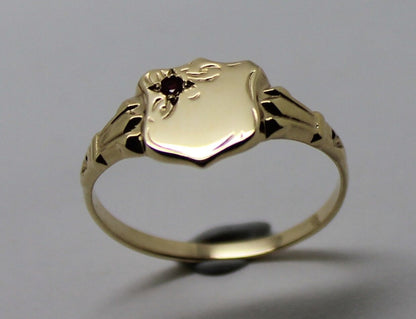 Size K 9ct Small Yellow, Rose or White Gold Garnet (Birthstone For January) Shield Signet Ring