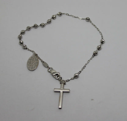 Genuine 18ct 750 White Gold Rosary Beads Cross Bracelet *