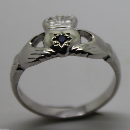 Genuine 9ct White Gold Ceylon Sapphire (Birthstone Of September) Claddagh Ring