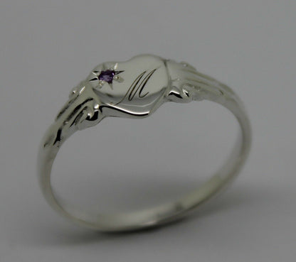 Sterling Silver Heart Amethyst Set Signet Ring Size N Engraved With 1 Initial