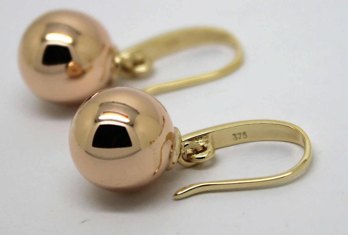 Kaedesigns Genuine New 9ct 9kt Yellow & Rose Gold 12mm Hook Drop Ball Earrings