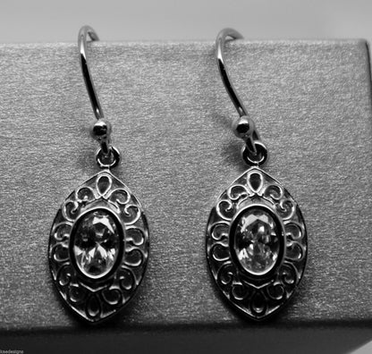 Genuine 9ct 9k Yellow Or White Or Rose Gold White Stone Set Filigree Hook Earrings