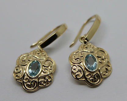 Genuine Heavy 9ct Solid Yellow, Rose or White Gold Antique Aquamarine Filigree Drop Earrings