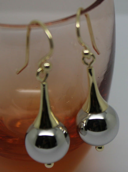 Genuine 9ct Yellow & White Gold 12mm Ball Drop Earrings