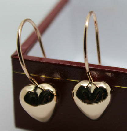 Kaedesigns New 9ct 9k Yellow, Rose or White Gold Dangle Puffed Heart Long Hooks Earrings