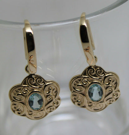 Genuine Heavy 9ct Solid Yellow, Rose or White Gold Antique Aquamarine Filigree Drop Earrings