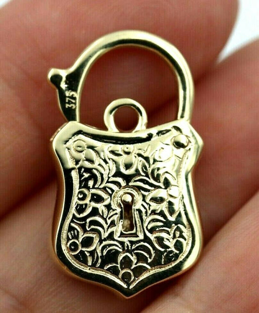 Genuine 9k 9ct 15mm x 24mm Yellow, Rose and White Gold Filigree Heart Pendant / Padlock