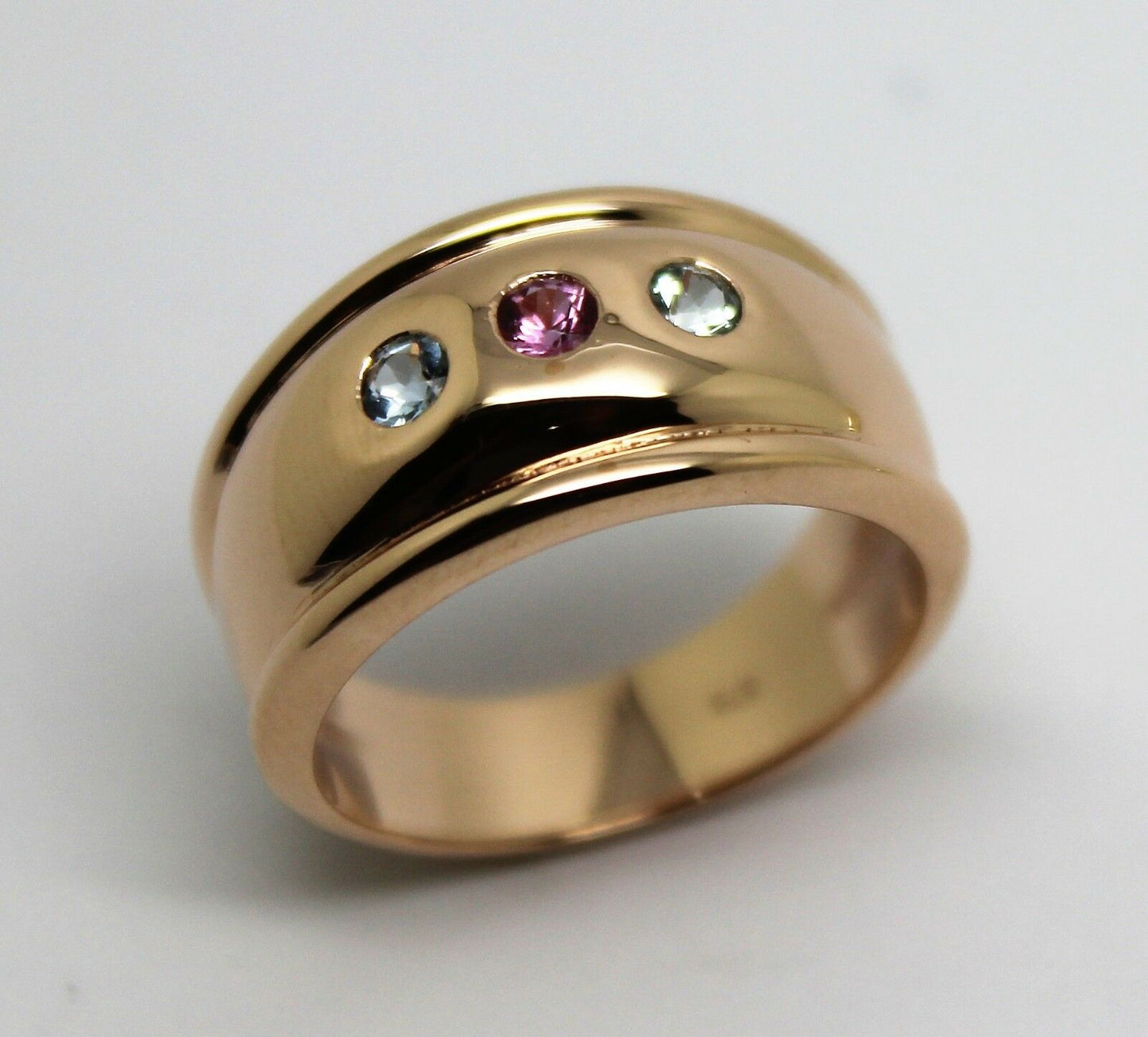 9ct 9k Full Solid Rose Gold Aquamarine + Pink Sapphire Thick Dome Ring 10mm Wide