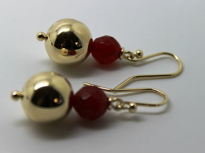 Genuine 9ct Yellow Gold 12mm Ball + 7mm Red Jade Faceted Earrings