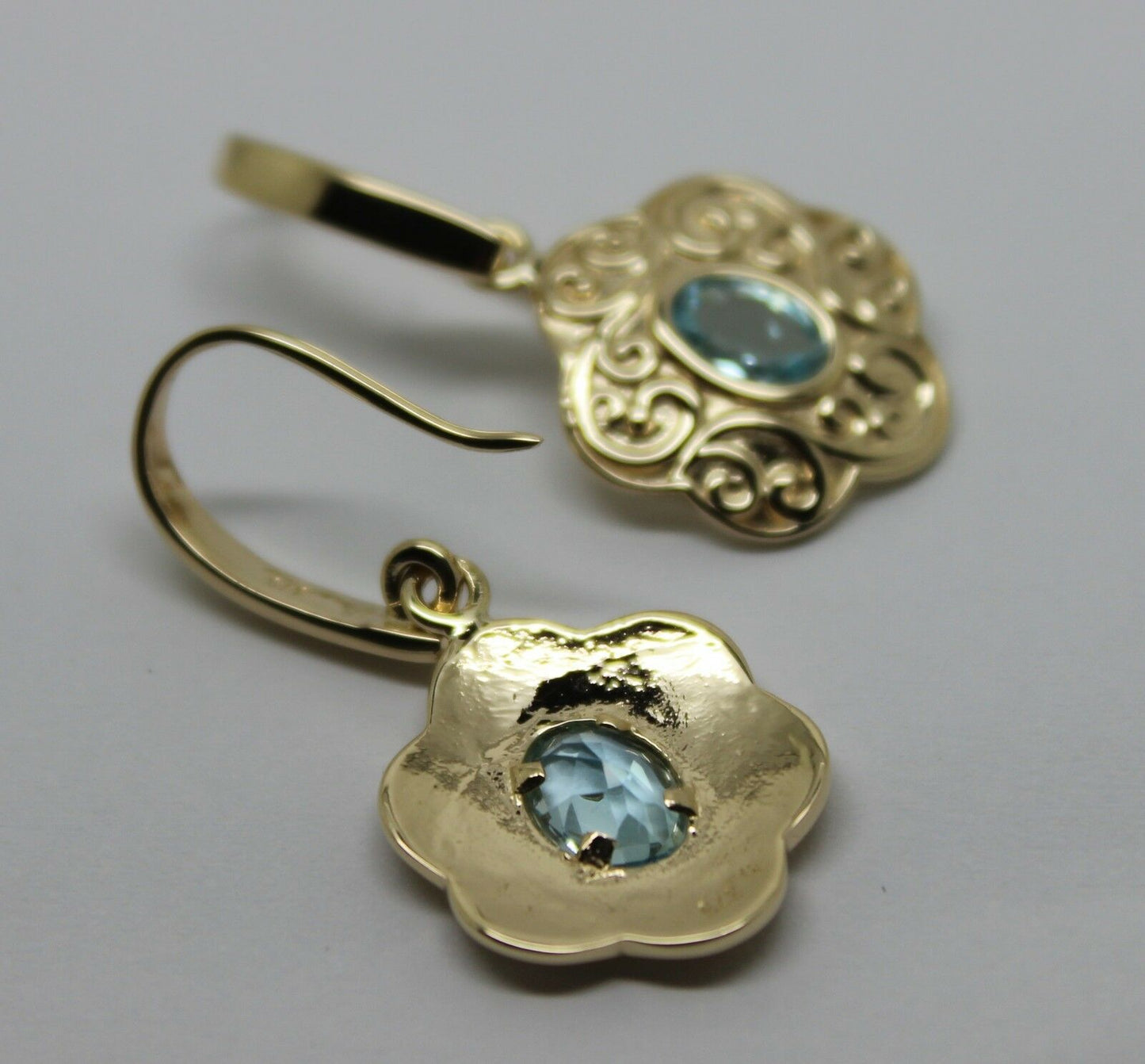 Genuine Heavy 9ct Solid Yellow, Rose or White Gold Antique Aquamarine Filigree Drop Earrings