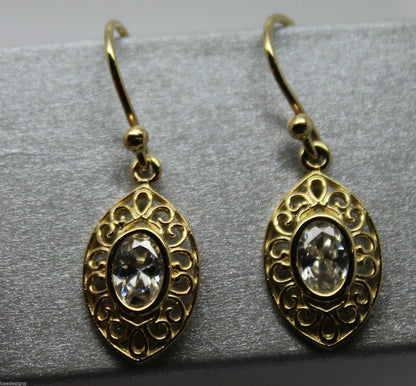 Genuine 9ct 9k Yellow Or White Or Rose Gold White Stone Set Filigree Hook Earrings