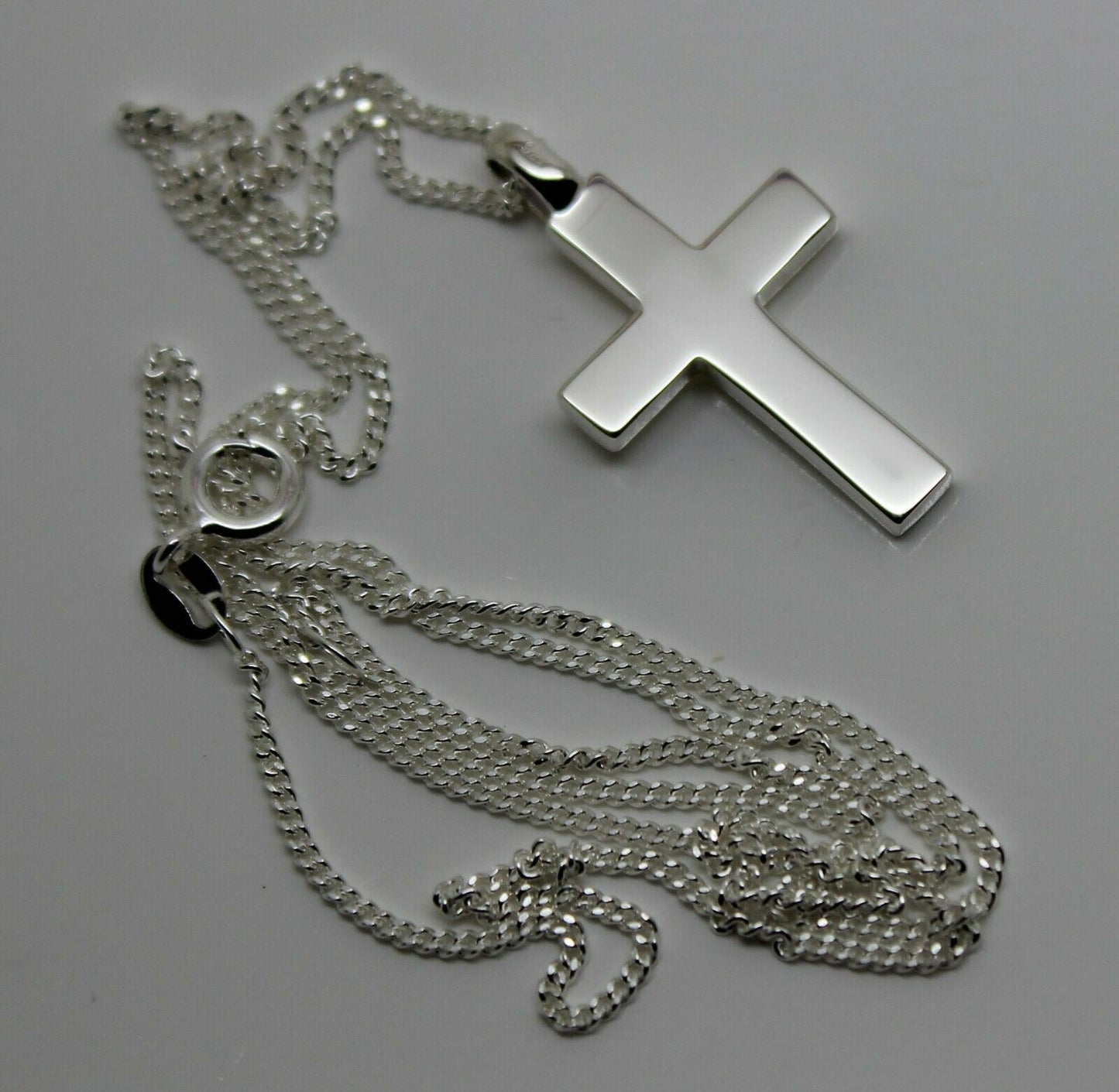 Solid New Sterling Silver 925 Plain Cross Pendant & 55cm Kerb Chain Necklace