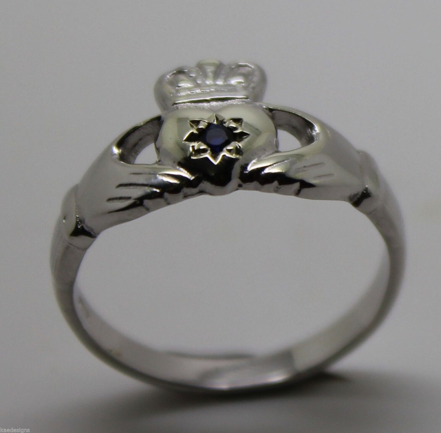 Genuine 9ct White Gold Ceylon Sapphire (Birthstone Of September) Claddagh Ring