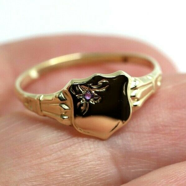 Genuine 9ct Small Yellow Gold Amethyst Shield Signet Ring - Choose your size