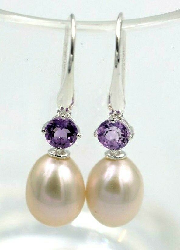 Sterling Silver 925 Oval Freshwater Cultured Pearl with 4-Claw 5mm Natural Amethyst Hook Earrings