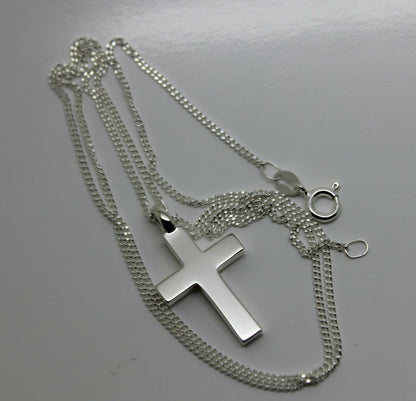 Solid New Sterling Silver 925 Plain Cross Pendant & 55cm Kerb Chain Necklace