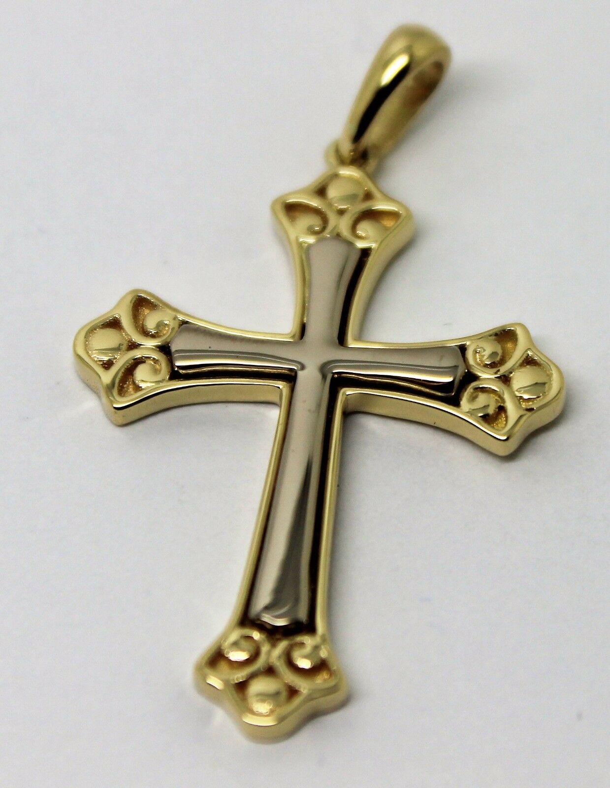 Genuine 18ct 18kt 750 Yellow & White Gold Two Tone Byzantine Cross Pendant 521