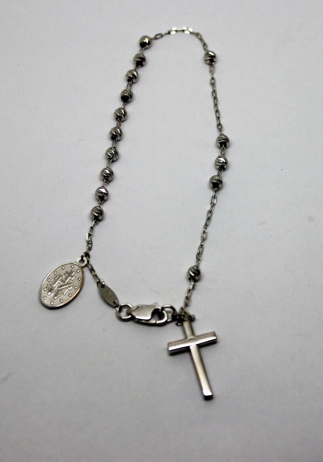 Genuine 18ct 750 White Gold Rosary Beads Cross Bracelet *