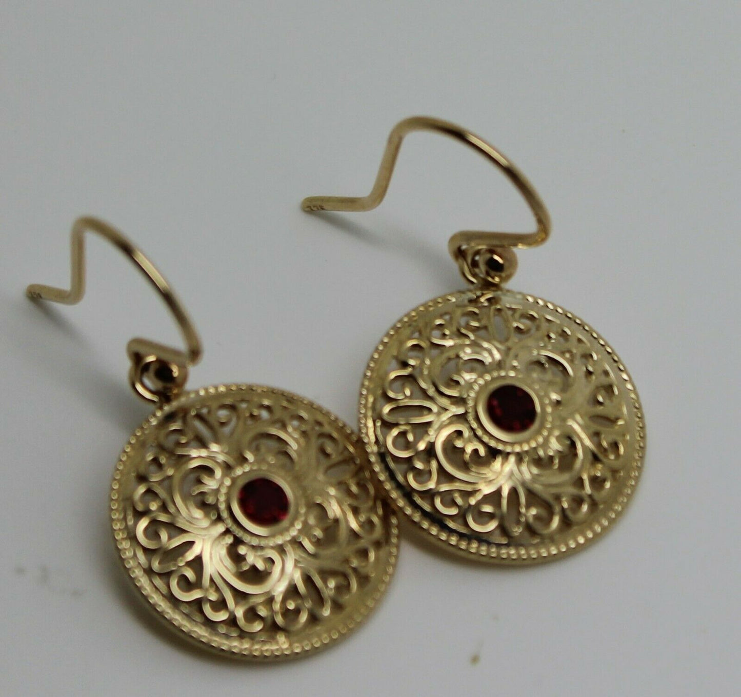 Genuine 9k 9ct Solid Yellow, Rose or White Gold Antique Ruby Filigree Drop Earrings