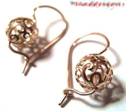 Genuine Solid 9ct Yellow, Rose or White Gold 10mm Euro Ball Drop Filigree Flower Earrings