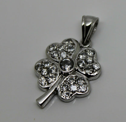 Genuine 9ct 9kt White Gold Cubic Zircon Four Leaf Clover Pendant