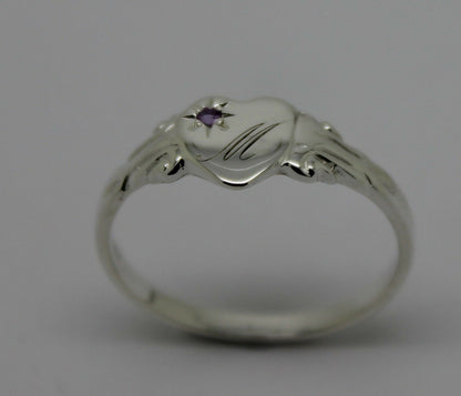 Sterling Silver Heart Amethyst Set Signet Ring Size N Engraved With 1 Initial