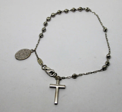 Genuine 18ct 750 White Gold Rosary Beads Cross Bracelet *